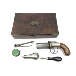  19th century six shot percussion Pepper box revolver with 7cm proofmarked barrels, action, hammer and trigger guard engraved with foliate scrolls, two piece figured walnut stock, L18cm, in original brass bound mahogany fitted case with bullet mould and ram rod, tool, flask and part tin of Eley caps,   