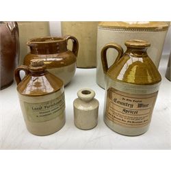 Quantity of salt glazed stoneware flagons, two tone jars and jug etc, to include some with impressed marks and labels, largest H26cm