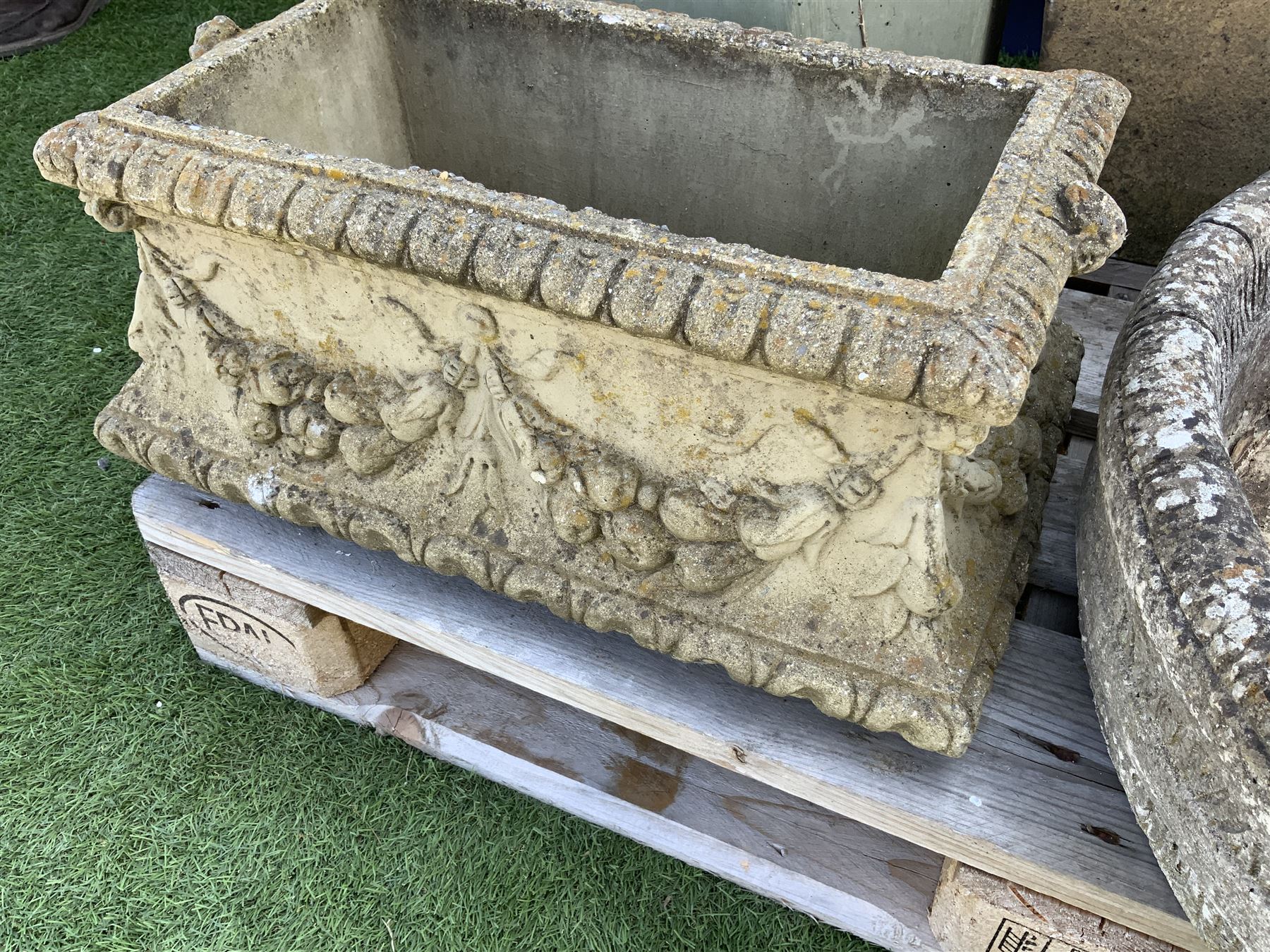 Composite stone rectangular planter, decorated with fruit swags (W54cm), circular composite planter, eight circular composite stepping/pathway stones, Corinthian type plinth, etc. - THIS LOT IS TO BE COLLECTED BY APPOINTMENT FROM DUGGLEBY STORAGE, GREAT HILL, EASTFIELD, SCARBOROUGH, YO11 3TX