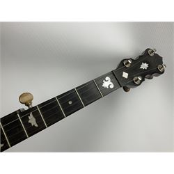 Five-string banjo by Clifford Essex Co. 15A Grafton Street, Bond Street, London W, with mother-of-pearl inlaid ebony fingerboard L92cm; in carrying case with strap
