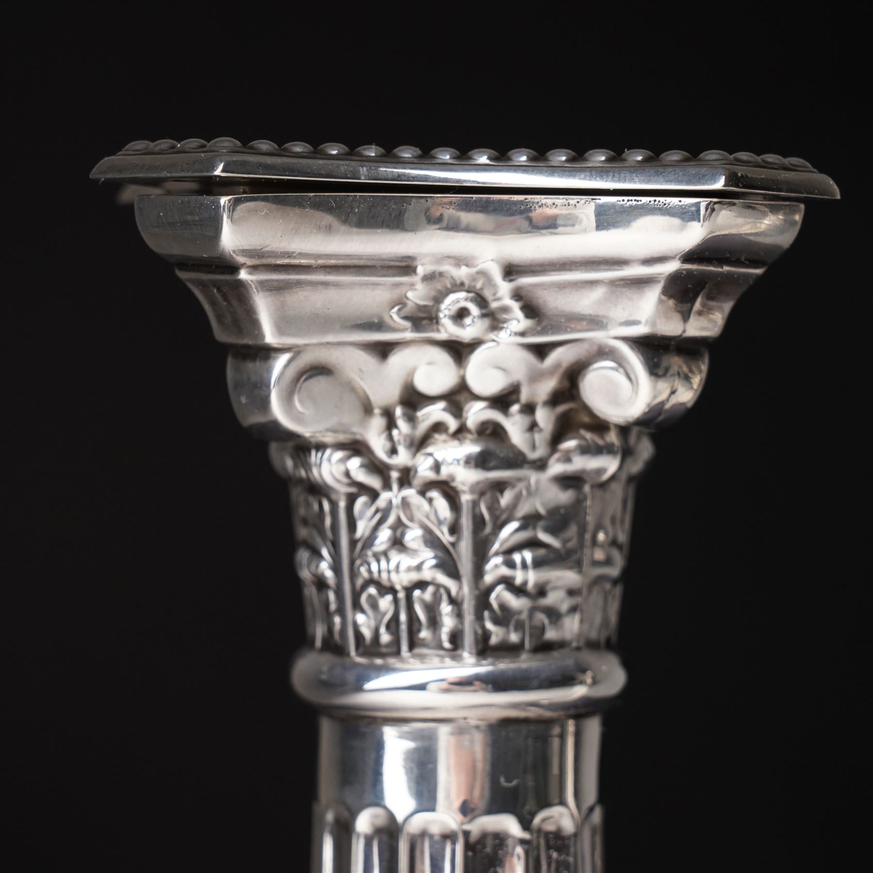 Pair of silver Corinthian column candlesticks with stepped square bases H30cm Birmingham 1968 Makers mark L.D.Ld