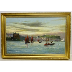 Robert Sheader (British 20th century): Boats Before the Grand Hotel Scarborough, oil on board signed 49cm x 79cm