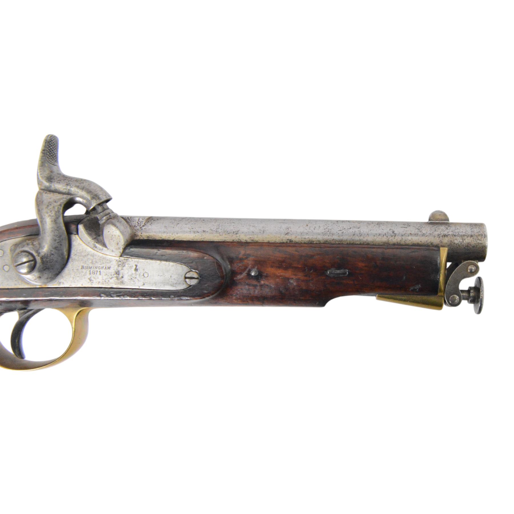 Cavalry Pistol, East India Government, 1871, with 8in smoothbore barrel, lock marked 'E.I.G.' and 'BIRMINGHAM 1871', crown and broad arrow device at tail, walnut full-stock with brass furniture, the left side marked 'JOSEPH SMITH' and stamped with a 'BIRMINGHAM E.I.G.' roundel, fixed lanyard ring at heel and iron ramrod, overall L35cm