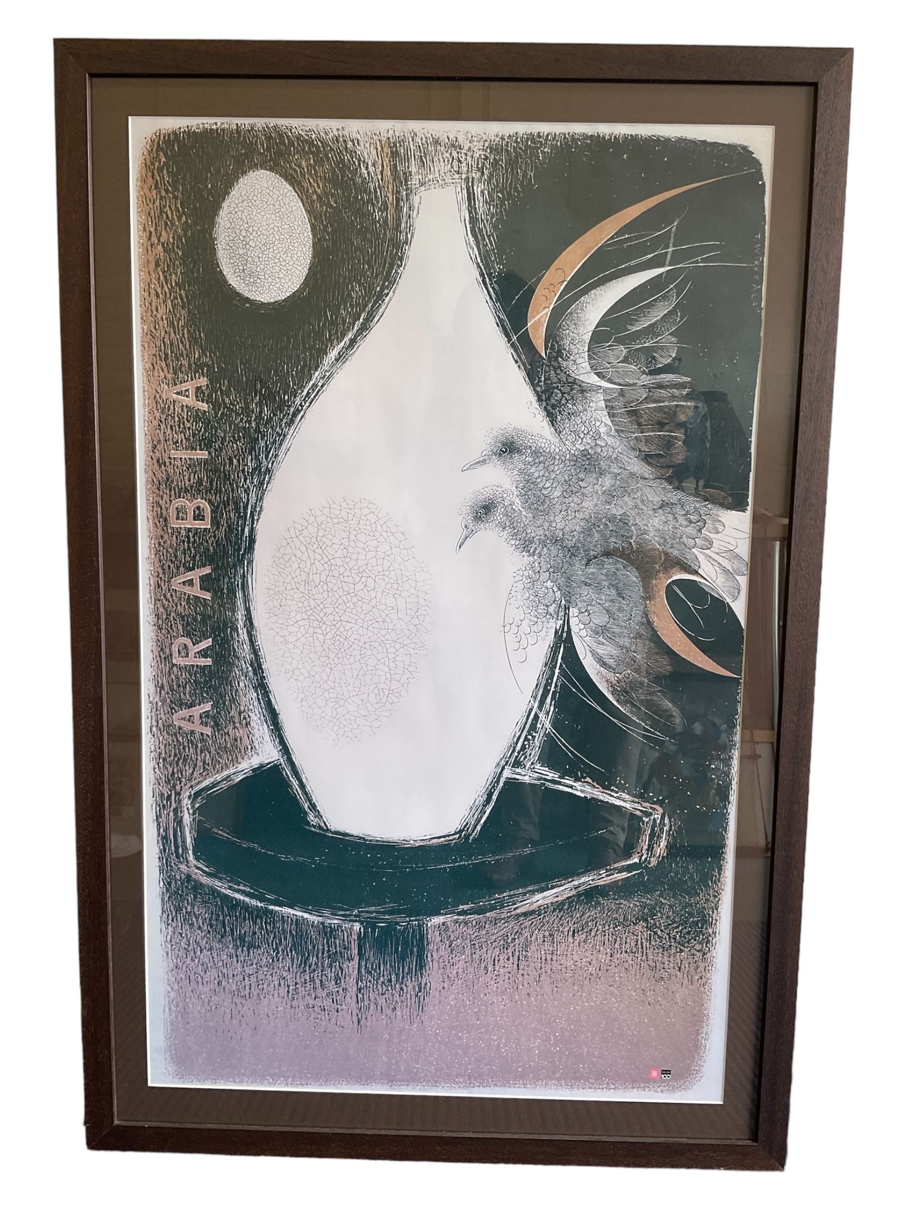 N Miller (British 20th Century): Snowy Mountains, oil pastel signed and dated '78 together with a watercolour by Tom McAndrew and another similar indistinctly signed; Mixed media caveman-style work together with an abstract print and Chris Flinton and Janet Burdon photographs; 'After Tapio Wirkkala: ‘Arabia', large Royal Academy poster (8)