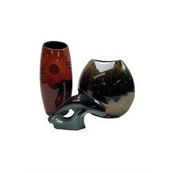 Poole pottery Form vase by Andrew Tanner, decorated with a silhouette of a tree beneath a red sun, together another with Poole pottery vase and dolphin, largest H24cm 