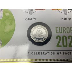 Commemorative coins and covers, including '80th Anniversary of the Battle of Britain' coin cover with Solomon Islands 2020 half dollar, 'Royal National Lifeboat Institution' coin cover with Alderney 2021 five pounds, 'Queen Elizabeth II's 95th Birthday' coin cover with Solomon Islands 2021 half dollar, other similar coin covers all in Harrington and Byrne folders, The Royal Mail 'HM The Queen's 95th Birthday' coin cover with 2021 five pounds and Queen Elizabeth II Isle of Man 2020 'Peter Pan' fifty pence coin collection in card folder