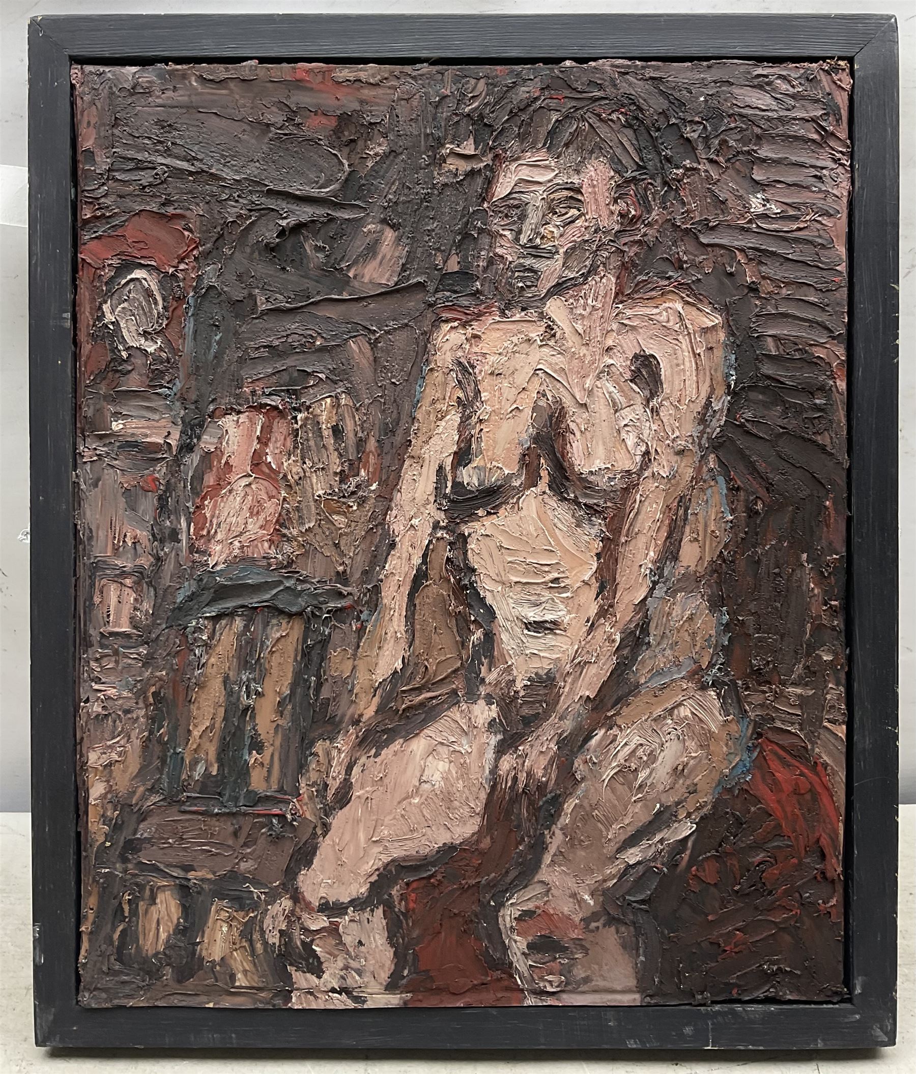 Barry De More (Northern British 1948-2023): 'First Time Sitting', oil impasto on cardboard, signed titled and dated 2017 verso 42cm x 34cm
Notes: Acclaimed as one of the North's greatest expressionist artists, Barry De More (1948-2023) used a heavy impasto style to transfer his love of Yorkshire landscapes, townscapes and people to canvas. His work sits comfortably in the company of work by Kossoff and Auerbach, selling to collectors in the UK and overseas. De More's work can be found in the permanent collection of work by Northern Artists at Dean Clough, one of the UK's largest contemporary art galleries.