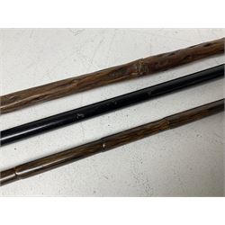 19th century painted bamboo walking cane, the handle carved as a fox with glass eyes, with gilt metal stamped LB, together with an ebonised wooden walking stick, with horn pommel and hallmarked silver collar and a curved wooden walking stick, with monogrammed white metal cap, tallest L90cm