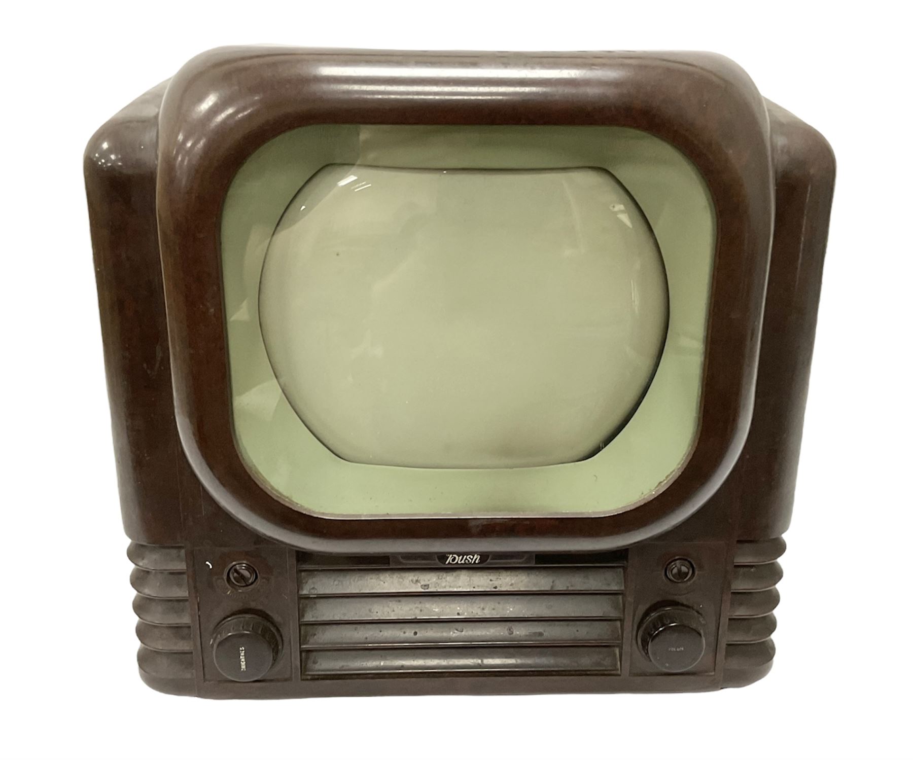 1950s Bush Type TV22 Bakelite Television receiver, the TV cased in marbled brown Bakelite of stepped form, the 9 inch screen with white mask, with original leather cover casing to reverse, H39cm D34cm W38cm