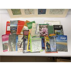 Assorted items to include pair of continental figures, small leeds pottery creamware plate, four mounted prints of William Morris wallpaper, selection of maps including one canvas example, historical DVDs and VHS etc 