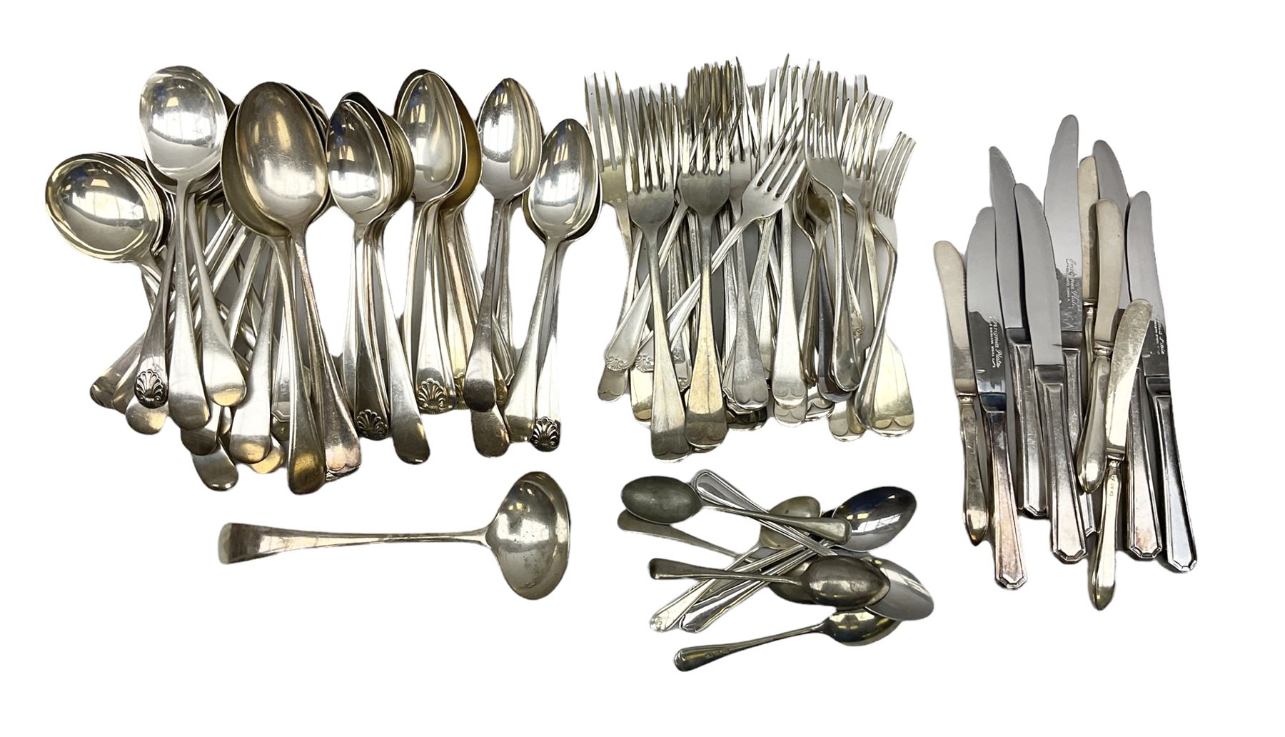 Four butter knives with hallmarked silver handles together with a Quantity of silver-plated cutlery stamped Ashberry and other stainless steel cutlery