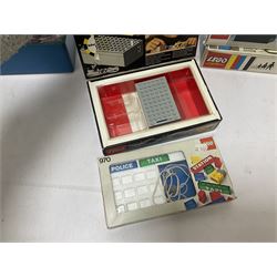 Fischer Technik/Lego/Playmobil - thirteen model building sets comprising eight Fischer Technik sets 50, 50/1, 50v, 50/2, 50+mot1 and two 50S, 50/1 add-on pack, with spare parts packs 01, 03, 05, two 22 and 30; two Lego sets comprising C107 and Lego Systems 103, part-set 870 and 970; Playmobil no.3520 set; four boxes of loose lego, various instruction manuals and a scrapbook 