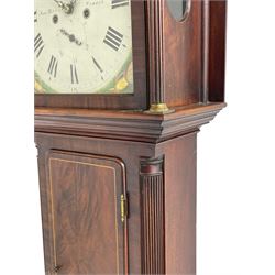 Samuel Ritchie of Forfar - William IV 8-day Scottish longcase clock in a mahogany case, with a swans neck pediment, brass paterae and three ball and spire brass finials, case and trunk inlaid with satinwood stringing on a plinth raised on decorative bracket feet, painted break arch dial depicting a costal scene to the break arch and conch seashells to the spandrels, Roman numerals, subsidiary seconds and date dials with matching steel hands, with a rack striking movement striking the hours on a bell. With weights, key, and pendulum.  Samuel Ritchie is recorded as working in Forfar 1800-37.