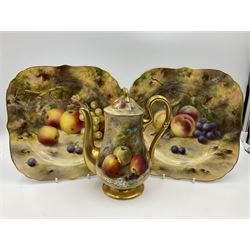 Early 20th century Royal Worcester coffee service for six place settings, comprising coffee pot of baluster form, twin handled pedestal sucrier, cream jug, six coffee cans and saucers, six side plates, and two cake plates, each hand painted with fruit upon a mossy ground, signed F Roberts, Ricketts, and H Price, each with puce printed marks beneath 