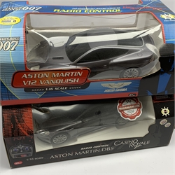 Two Nikko 1:16th scale James Bond radio controlled die-cast model cars - Aston Martin from Casino Royale and Aston Martin V12 Vanquish from Die Another Day; IMC 007 Walkie-Talkie Set; and Galoob MicroMachines 007 set with vehicles from Goldfinger, Moonraker, The Spy Who Loved Me, all boxed (4)