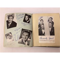 2 autograph albums, containing signatures including Harry Corbett Sooty, Dave Morris, Marion Saunders, Max Bygraves and signed photographs, quantity of postcards depicting the Lords Prayer and playing cards in case