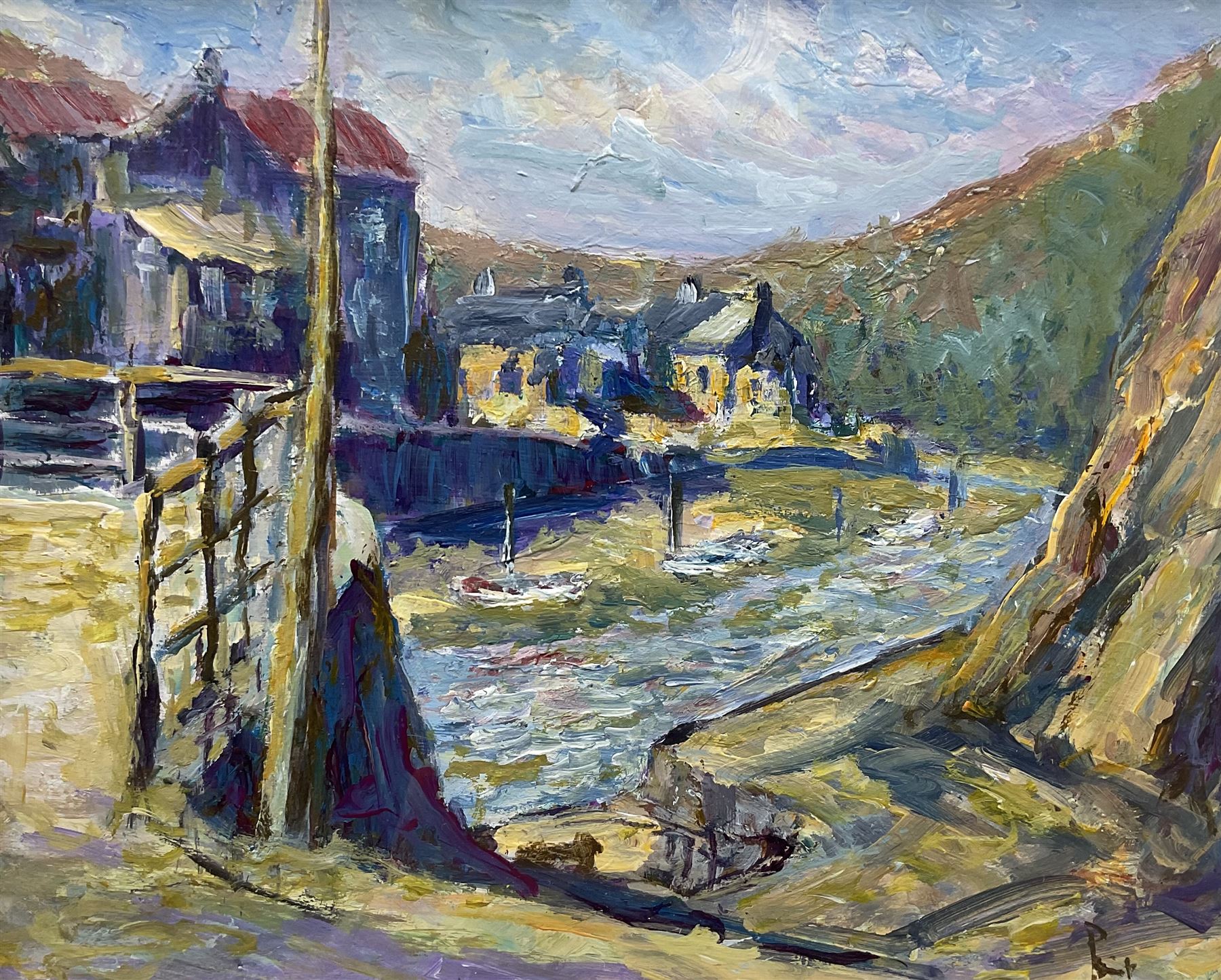 William P* (British Contemporary): ‘A Summer’s Day at Staithes’, acrylic on board indistinctly signed, further signed titled and dated 2000 verso 23cm x 29cm