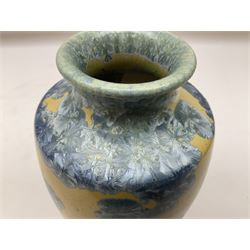 Studio stoneware vase of baluster form with blue crystalline pattern on beige ground, H19cm