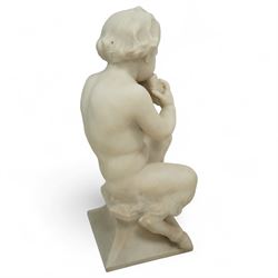 Follower of Claude Michel Clodion (French 1738-1814): The Putti-Faun Orchestra - set of four Italian carved white marble figures of child satyrs as musicians, each finely carved figure depicting a seated putto-faun with youthful features and small goat’s legs and cloven feet, variously playing rustic instruments: a syrinx (Panpipes), a flute, a tambourine and clappers - each raised on an integral waisted square plinth, Italian, circa 1900

Provenance: Kirkham Hall

Notes: Inspired by the rustic god Pan and his followers, these putti-fauns reflect the late-19th-century revival of classical themes popular with Grand Tour collectors; their instruments evoke the god Pan’s pastoral music, while the carving and  composition exemplify the appeal of bacchic subjects in the Italian neoclassical tradition