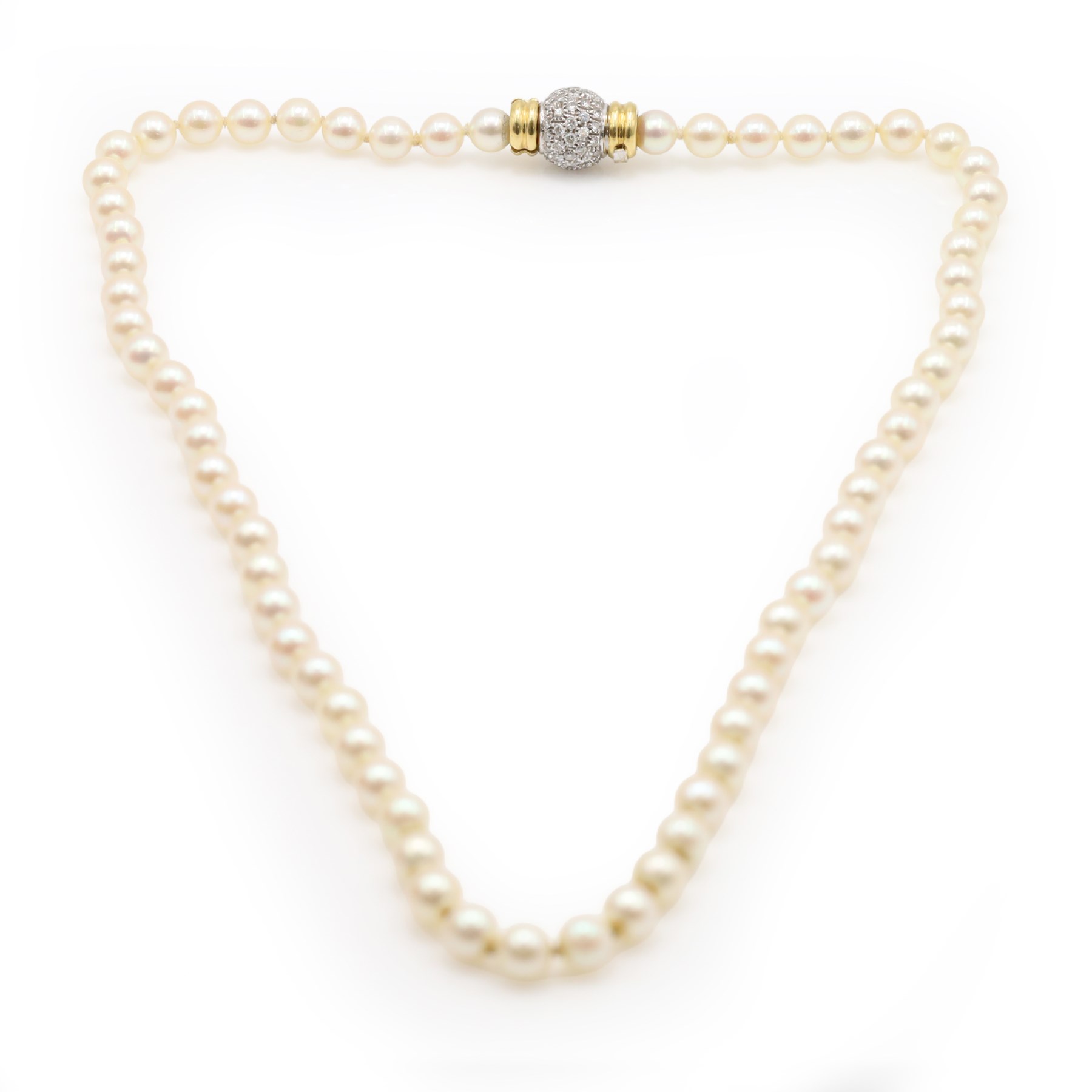 Single strand cultured pearl necklace, with 18ct gold pave set diamond clasp, Sheffield import mark 1996