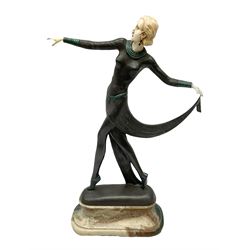 Art Deco style bronze, after Josef Lorenzl, modelled as a dancing lady with outstretched arms, with resin head and hands, raised upon marble effect base, signed to base, H38cm