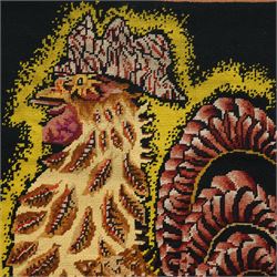 Large mid-20th century hand-knitted and hand-dyed wall hanging tapestry, depicting a Cockrel, 160cm x 89cm
