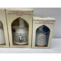 Bells, Scotch whisky, in eight Wade ceramic decanters, including Christmas 1992, Queens 60th birthday, Birth of Prince William etc, various contents and proof   