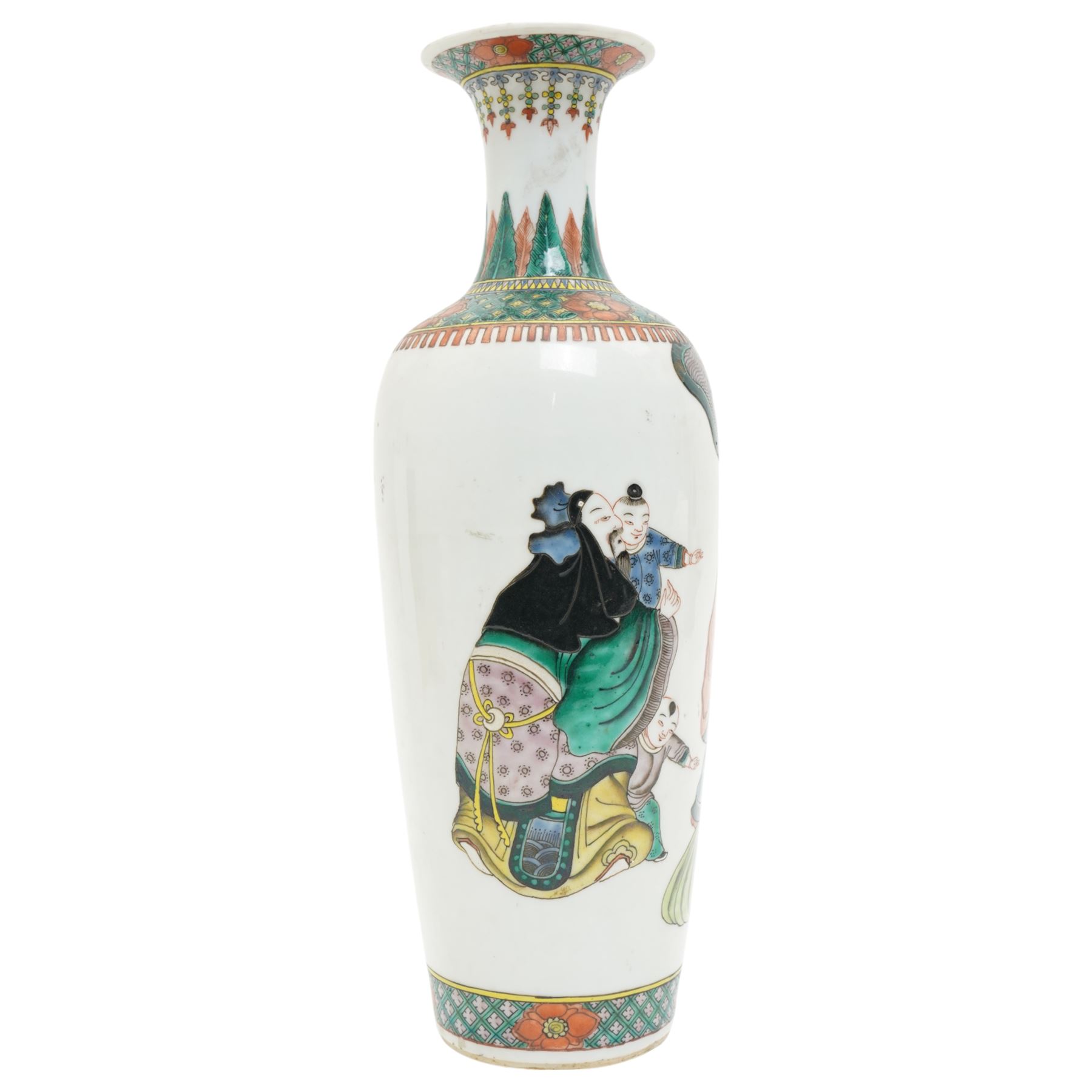 Chinese Kangxi famille verte vase of baluster form with fluted rim, decorated with sage and attendants within a trellis border, with four character Kangxi double ring mark beneath, H31cm 