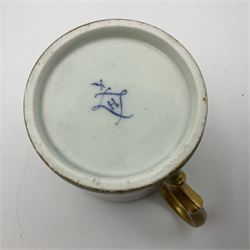 19th Sèvres style porcelain cup and saucer, the cup painted with a figural scene, against a scalloped border of scrolling floral swags on a blue ground, together with a Sèvres soft paste porcelain coffee can and saucer, painted with panels of exotic birds, roses and a border of cornflowers, LL monogram enclosing date letters H above painters mark, coffee can H6.5cm, saucer D13.5cm (2)