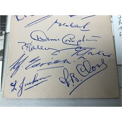 1949 England cricket team signatures including Hutton, Compton, Edrich, Laker etc on loose album page; and large quantity of other autographs of predominantly TV Soap Opera stars from Last of the Summer Wine, Eastenders, Emmerdale, Coronation Street, Heartbeat etc and other TV/Film personalities; on promotional photographs and clipped fragments of paper etc