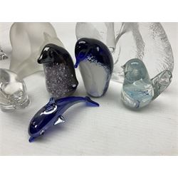 FM Ronneby Sweden large bear paperweight, together two glass penguins, one signed, small Hadeland bear and other glass animals. FM bear H9cm 