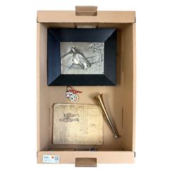 Copper hunting horn, two enamelled York County stand badges, hand illustrated and hand wri...