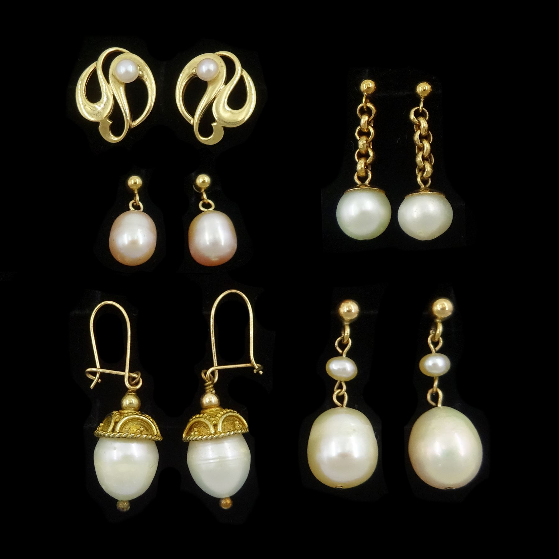 Pair of gold cultured white pearl stud earrings, with swirl decoration by Ola Gorie, three other pairs of gold pearl pendant stud earrings, all 9ct and a pair of silver-gilt pearl earrings with filigree decoration, with 9ct gold shepherds hook