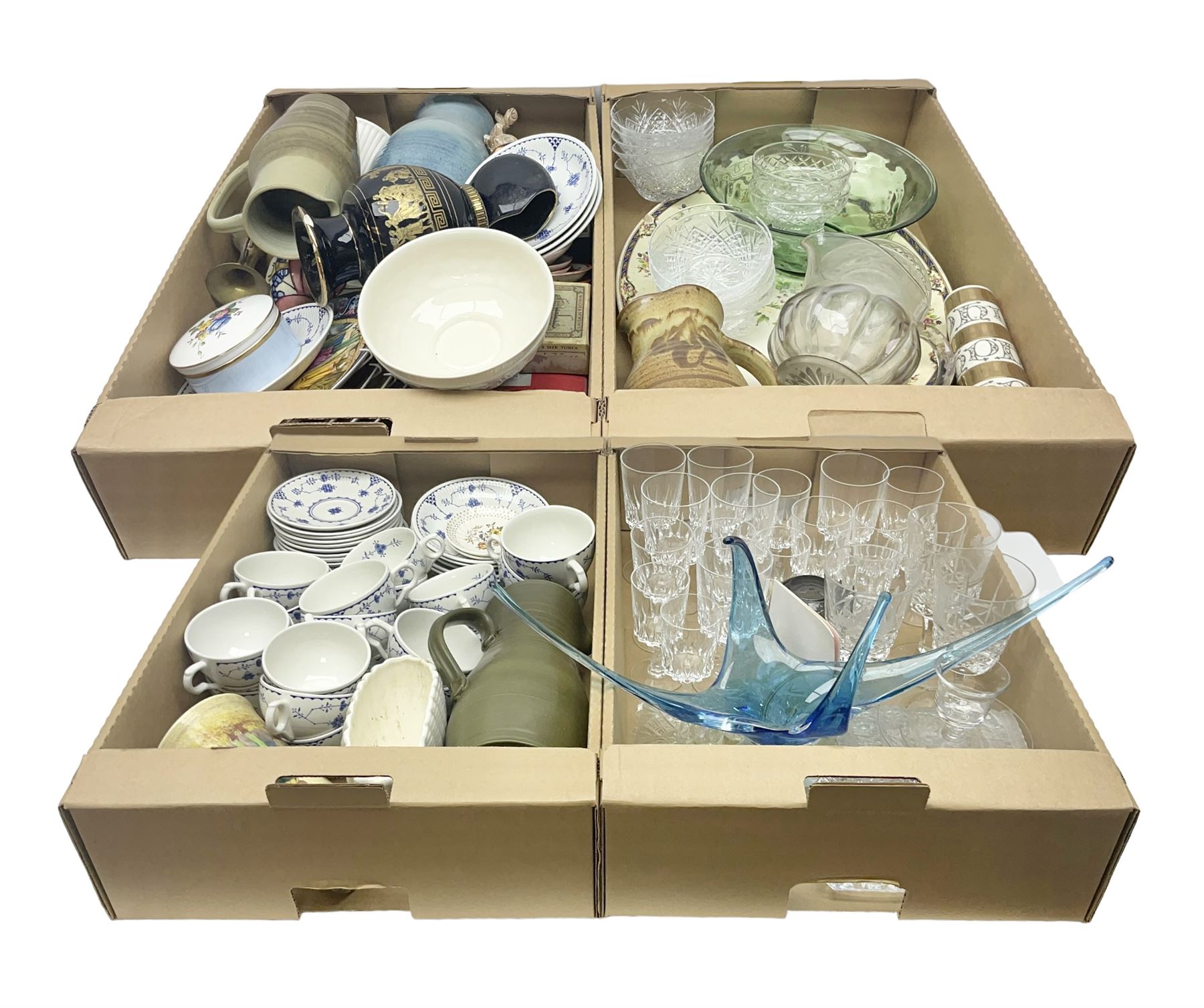 Masons and Furnival Denmark pattern blue and white tea wares, together with a Royal Worcester trinket box, Leedsware bowl and other ceramics and glassware, in four boxes