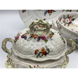 19th century dinner wares, probably Coalport, all with moulded floral decoration and further detailed with hand painted floral sprays and sprigs upon a white ground, comprising two twin handled oval tureens, with green and gilt detailing to handles and base, together with three graduating oval serving platters and a twin handled serving dish