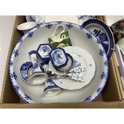 Two Bing & Grondahl blue and white plates, Mason's ironstone Java pattern dish, along with two Brocade pattern plates and two Blue Mandalay pattern plates, studio pottery tealight holder, Portmeirion forks etc
