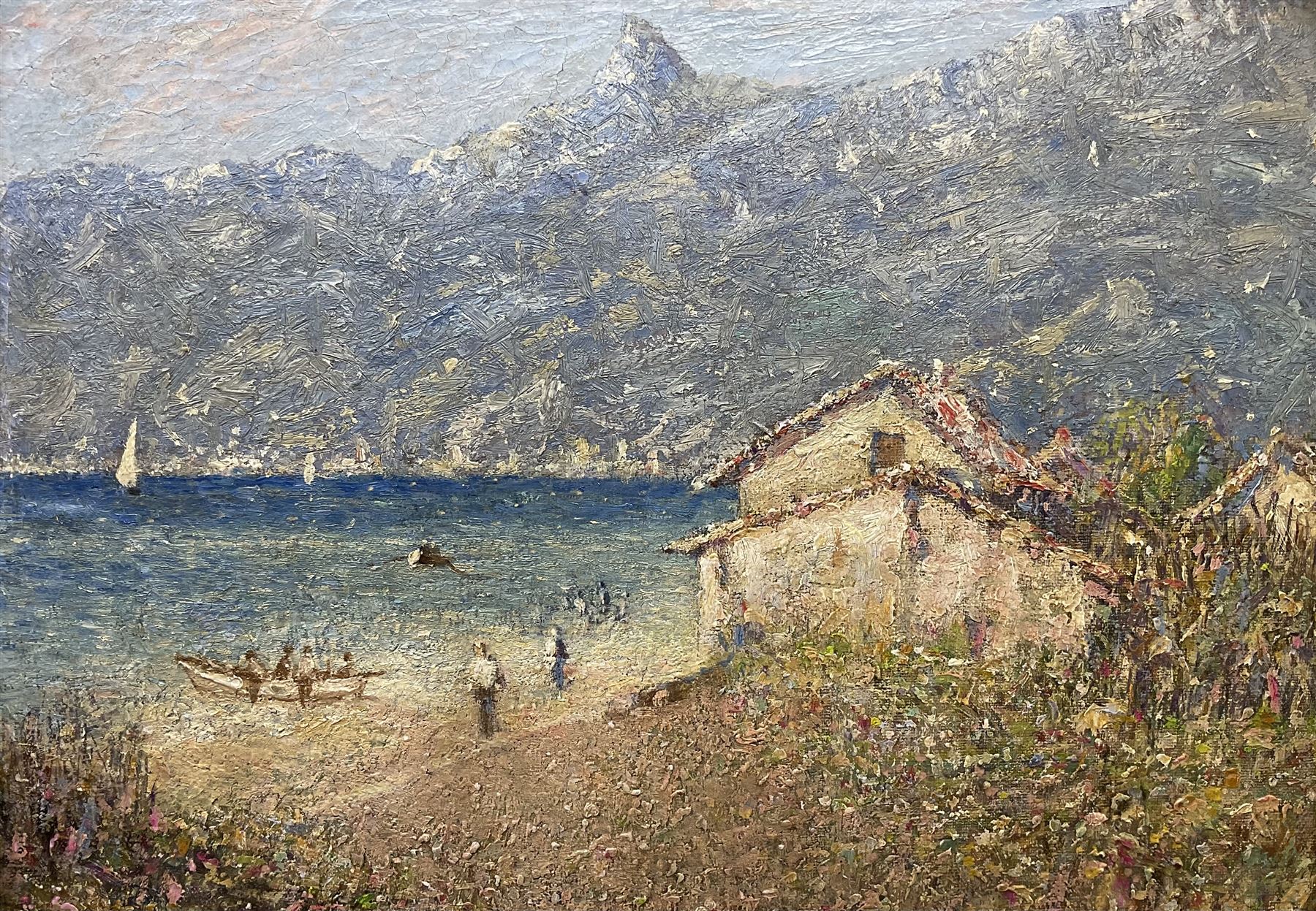 Andrew Charles Colley (Staithes Group 1859-1910): Italian Lakeside in Winter, oil on canvas laid on to board unsigned 25cm x 35cm 
Provenance: given to a relative of the previous vendor (who lived in Runswick Bay) by the artist's wife. Colley lived at 'The Firs' in Hinderwell, and is one of the more elusive members of the Staithes Group.