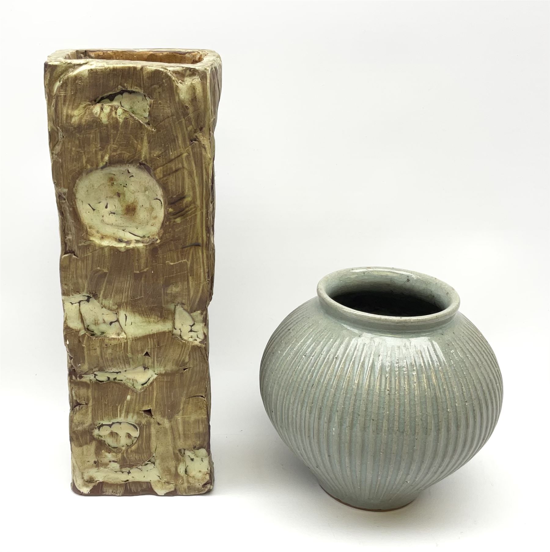 Rectangular studio pottery vase, marked KD to the base, H31cm and a smaller blue glazed vase by Andrew Crouch (born 1982) with impresses seal mark beneath, H16cm