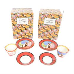 Wedgwood Bizarre by Clarice Cliff, Two sets of May Avenue, Colonial Teacup, saucer and side plate, limited edition 327 and 287 of 500, both with certificate and box