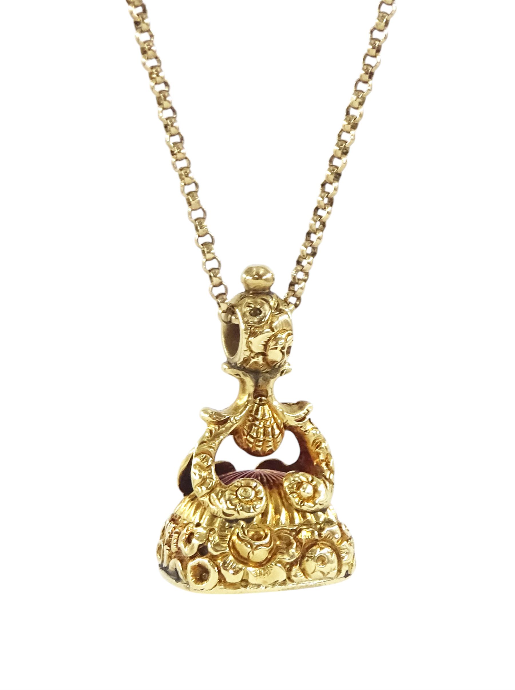 19th century 14ct gold agate seal fob, the seal engraved, the mount with foliate and shell decoration, engraved with name 'Susan', on 9ct gold belcher link chain necklace
