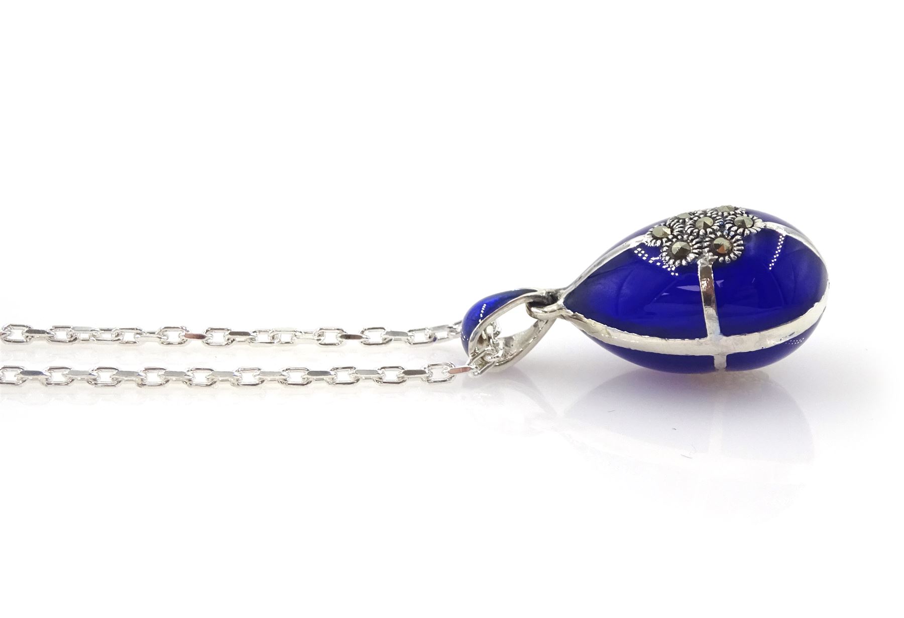 Silver blue enamel and marcasite pendant necklace Jewellery 139924