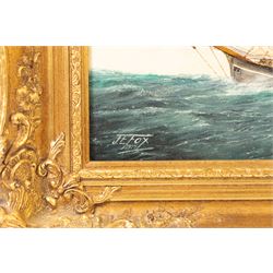 J E Fox (British 20th Century): Sailing Boats at Sea, oil on canvas board signed and dated 1977, 34cm x 44cm 