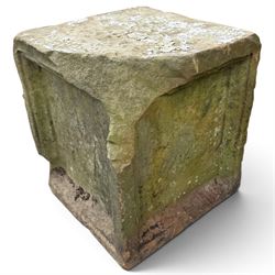Two 18th century carved sandstone architectural elements, comprising a substantial square pedestal block with recessed panelled facias (W42cm H45cm); and a frieze fragment carved in relief with three stylised flowerheads and an undulating foliate stem (W30cm H18cm)