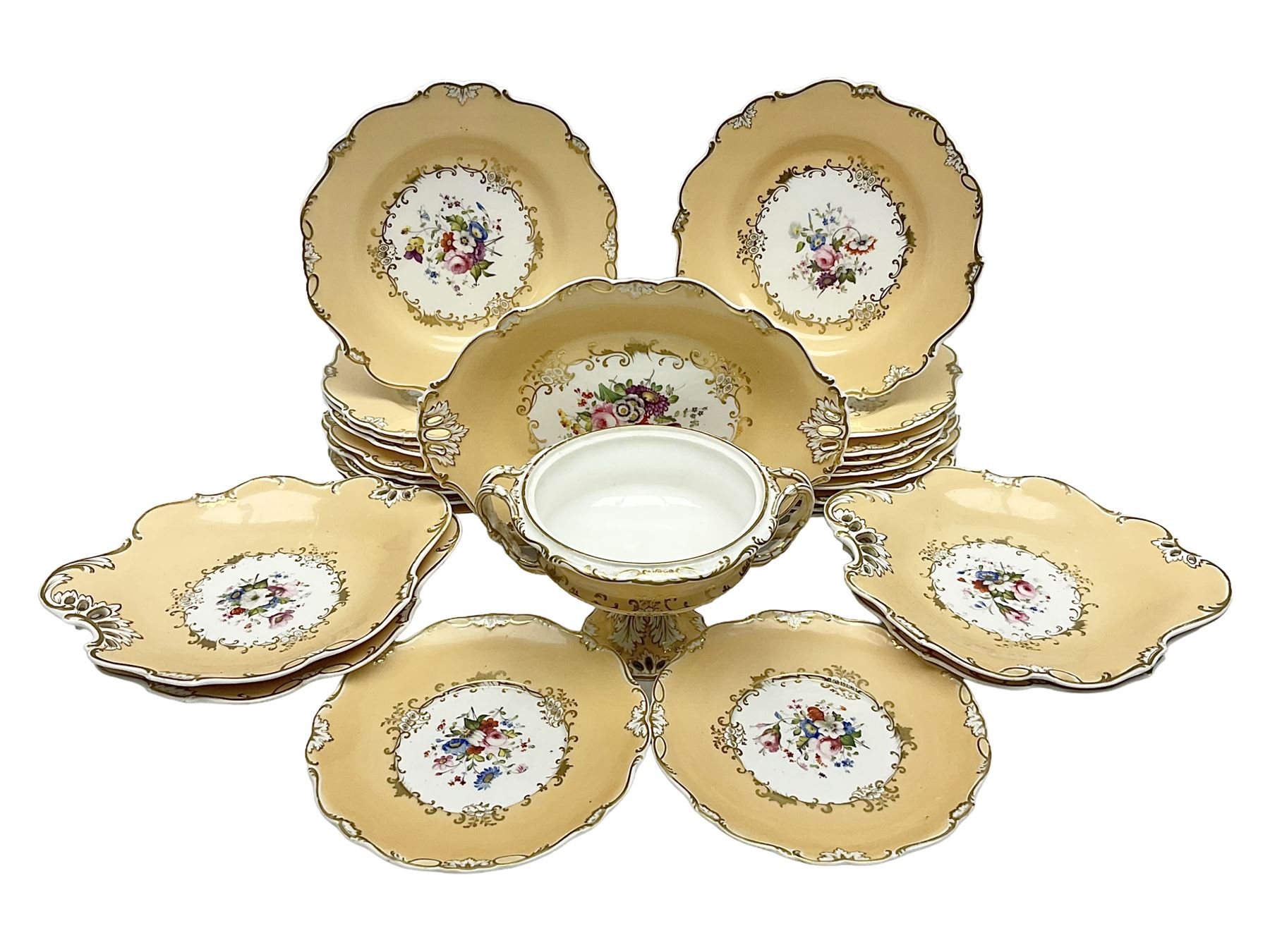 Victorian part dessert service, including eighteen plates, four small serving dishes, shallow dish, etc hand painted with floral sprigs within a cream border with floral panels, and heightened in gilt (26cm)