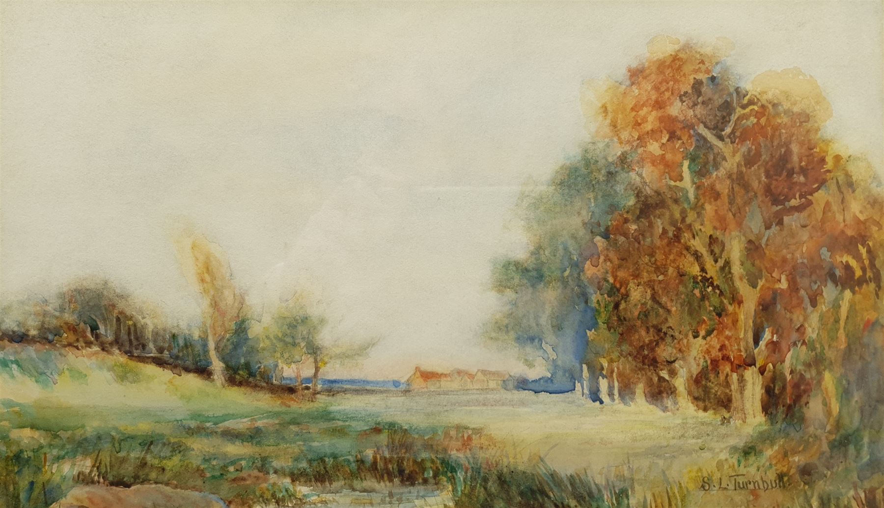 S L Turnbull (British early 20th century): 'A View on Wadsley Common Sheffield', watercolour signed, titled verso; Ken Bell (British Contemporary): Reclining Nude, watercolour signed; R Carmichael: 'The Chapel of the English Convent Bruges', watercolour signed, titled verso; together with two landscape watercolour vignettes indistinctly signed, max 49cm x 65cm (5)