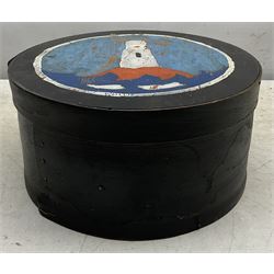 Attrib. Alfred Wallis (British 1855-1942): The Lighthouse, oil on circular wooden box signed, diameter 22cm height 11cm