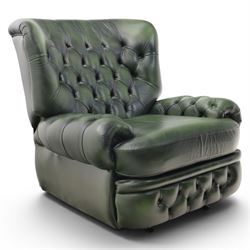 Thomas Lloyd - green leather chesterfield armchair, buttoned back, apron arm rests