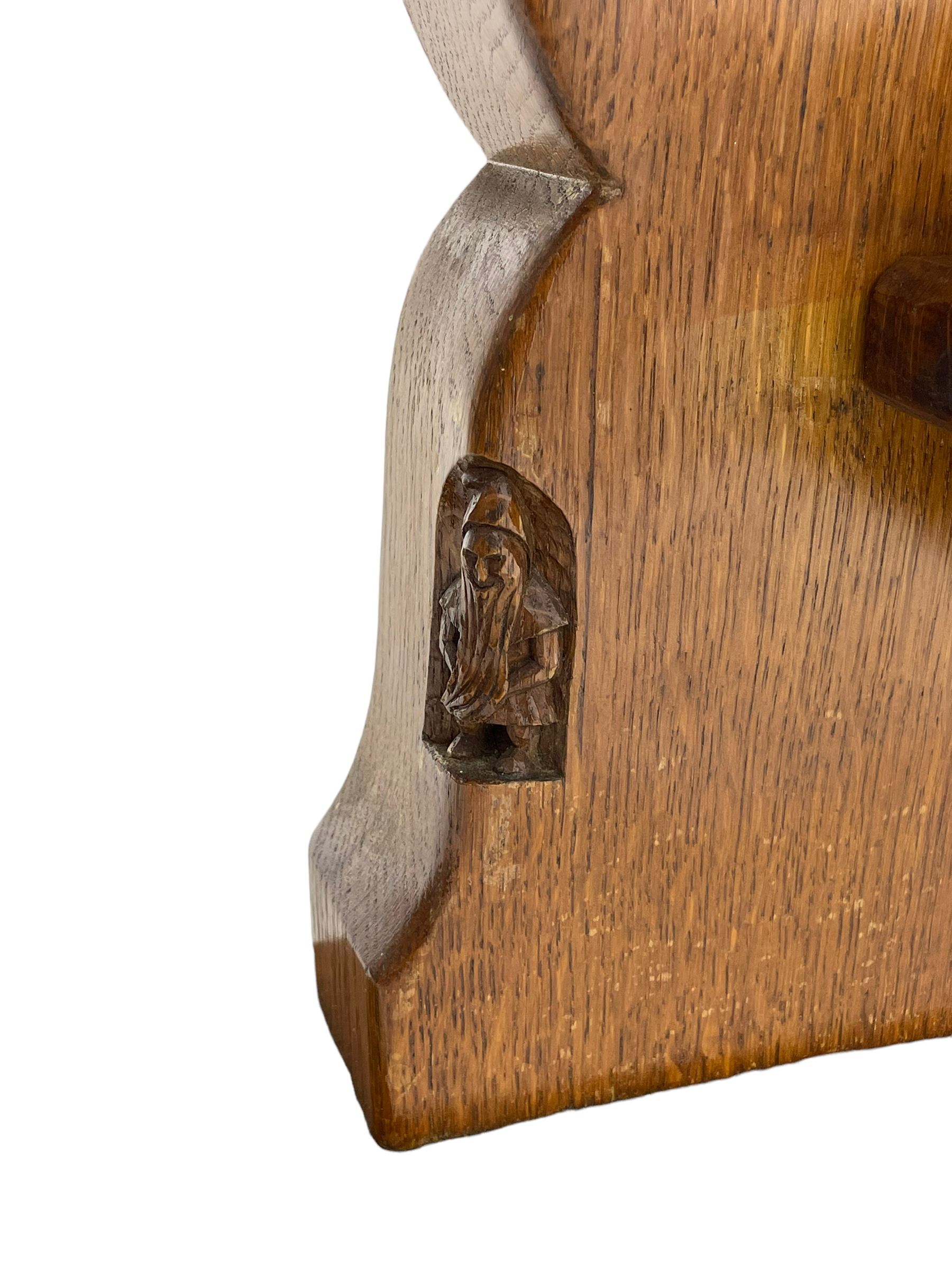 Gnomeman - large oak refectory dining table, rectangular adzed top on shaped end supports with sledge feet, united by pegged stretcher, carved with gnome signature, by Thomas Whittaker, Little Beck