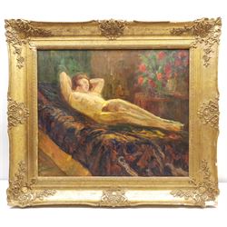 Circle of Roderic O'Conor (Irish 1860-1940): Reclining Nude with Vase of Roses, oil on canvas unsigned 53cm x 63cm