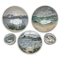 Highland Stoneware Scotland, decorated with landscapes and seascapes, comprising of two bowls, plate and two covered trinket boxes 